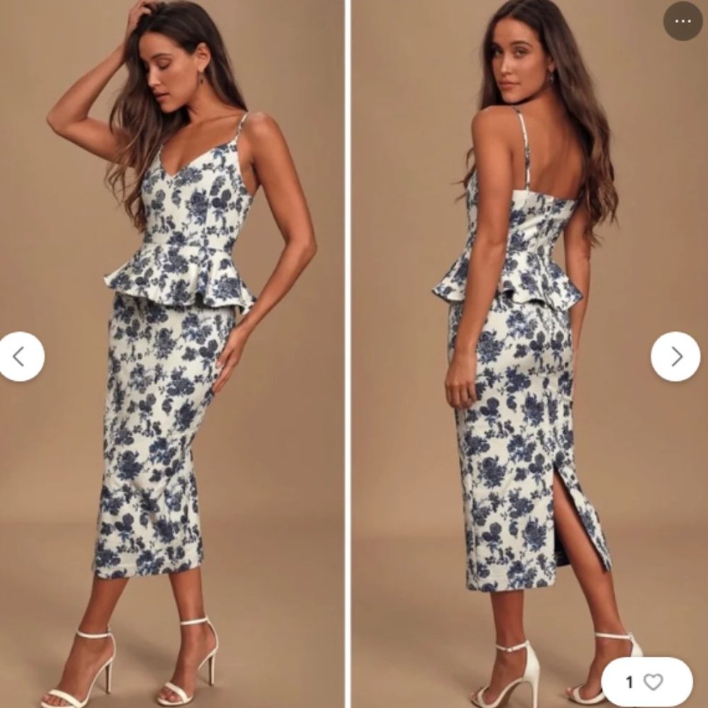 White Navy Blue Floral Jacquard Peplum Ruffle Midi Dress